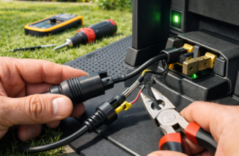 Inspektion und Reparatur von Ladestation und Kabeln eines Mähroboters im Garten