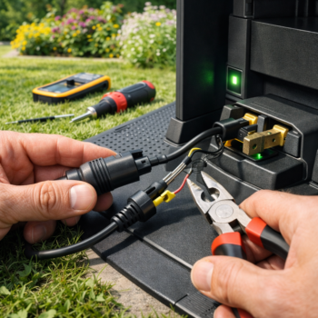 Inspektion und Reparatur von Ladestation und Kabeln eines Mähroboters im Garten