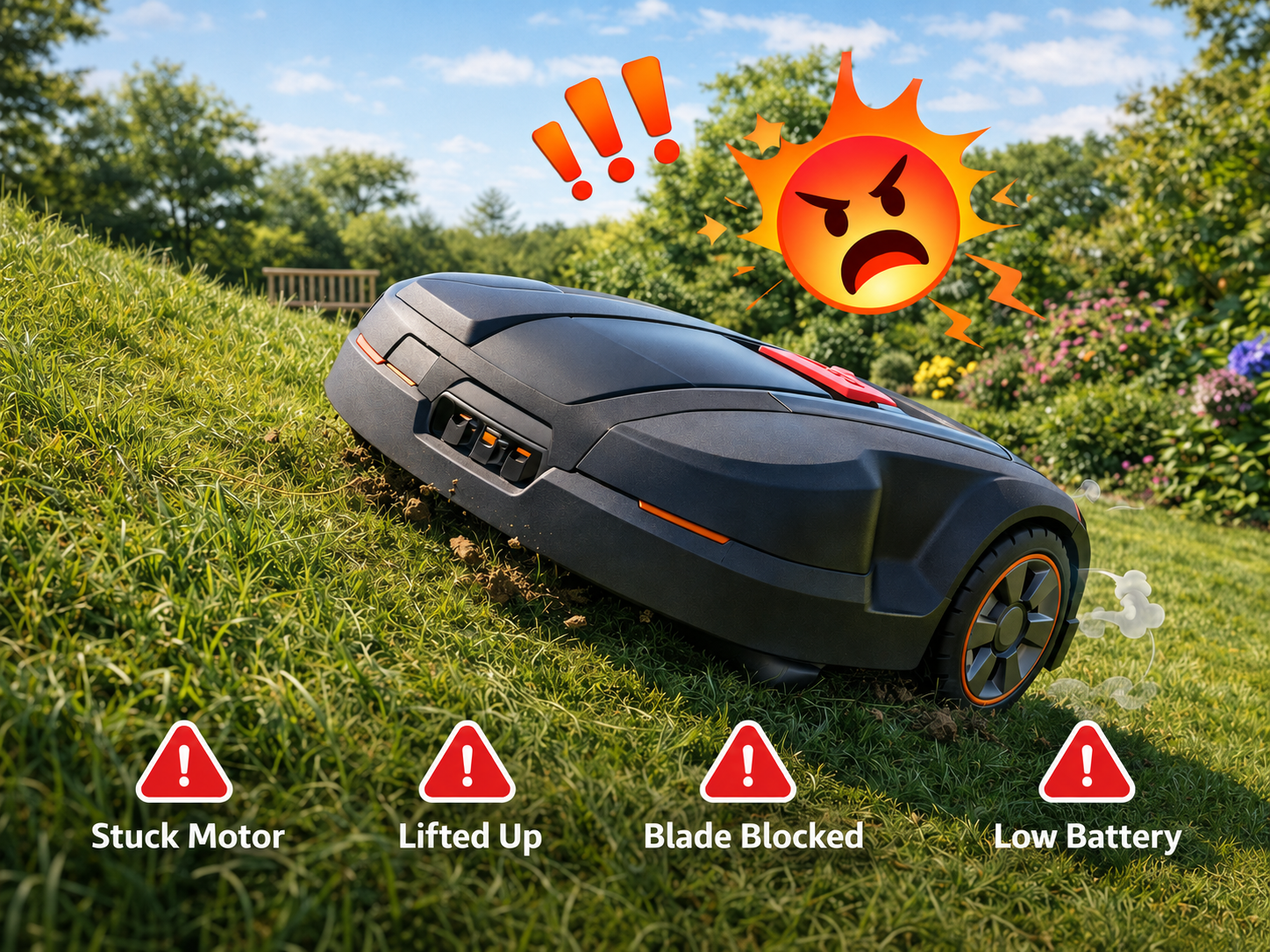 Mähroboter bleibt auf einer steilen Rasenfläche hängen