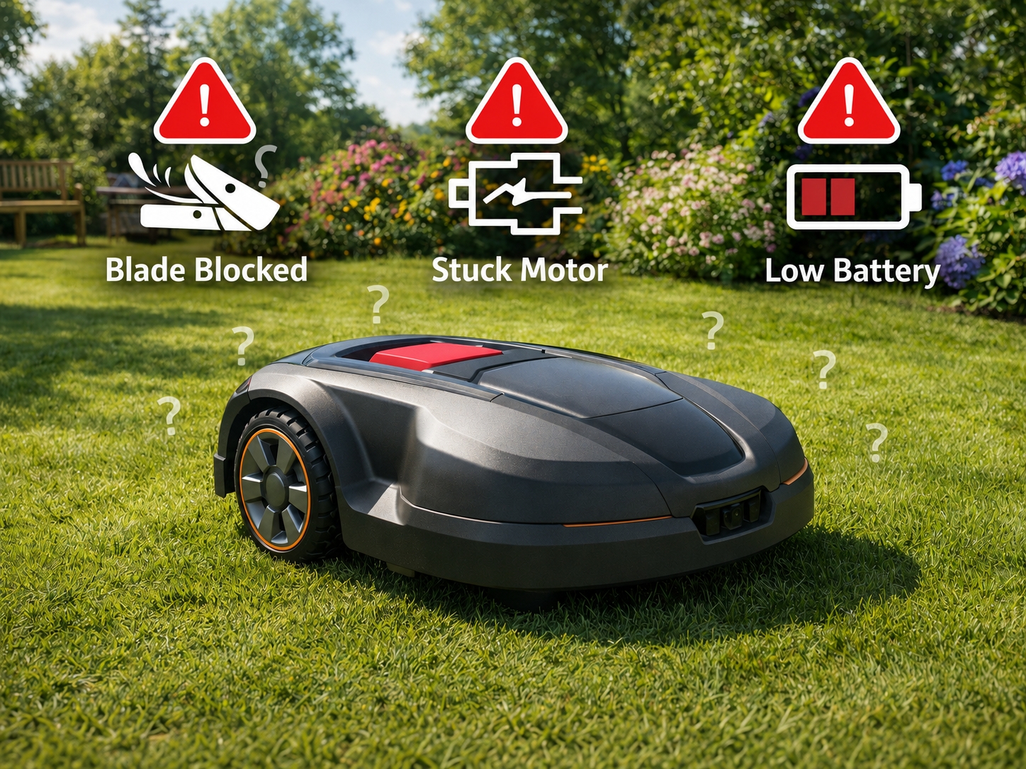 Mähroboter bleibt mitten im Garten stehen, Symbol für Fehlerbehebung