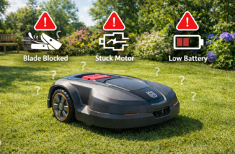 Mähroboter bleibt mitten im Garten stehen, Symbol für Fehlerbehebung
