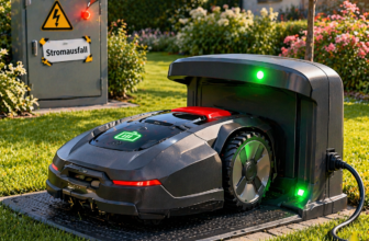 Mähroboter an Ladestation während Stromunterbrechung