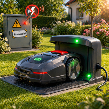 Mähroboter an Ladestation während Stromunterbrechung