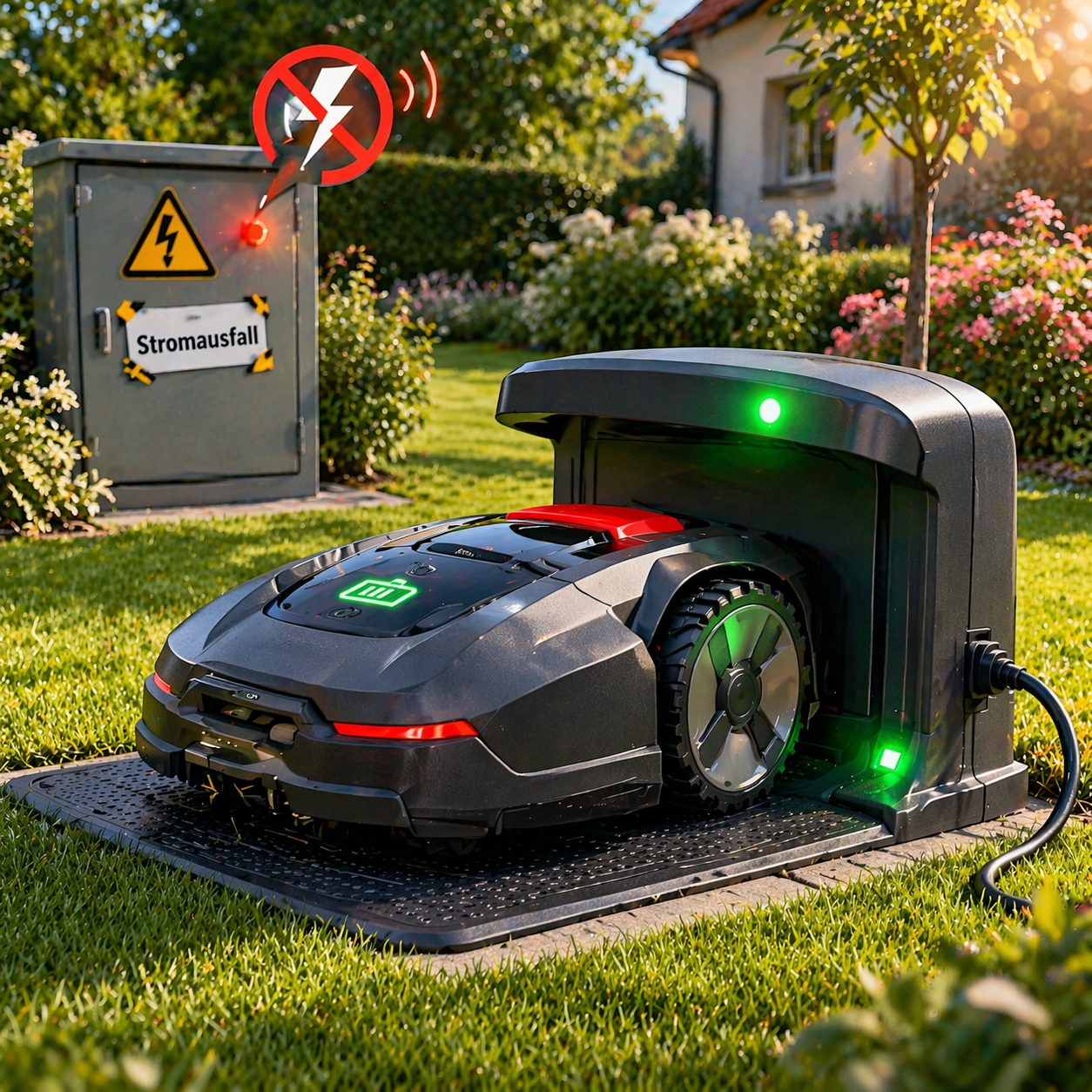 Mähroboter an Ladestation während Stromunterbrechung
