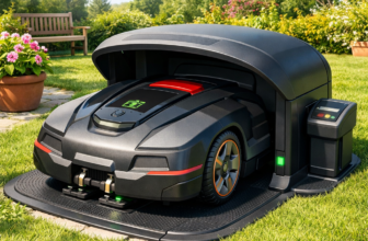 Mähroboter an Ladestation in einem gepflegten Garten beim Andocken