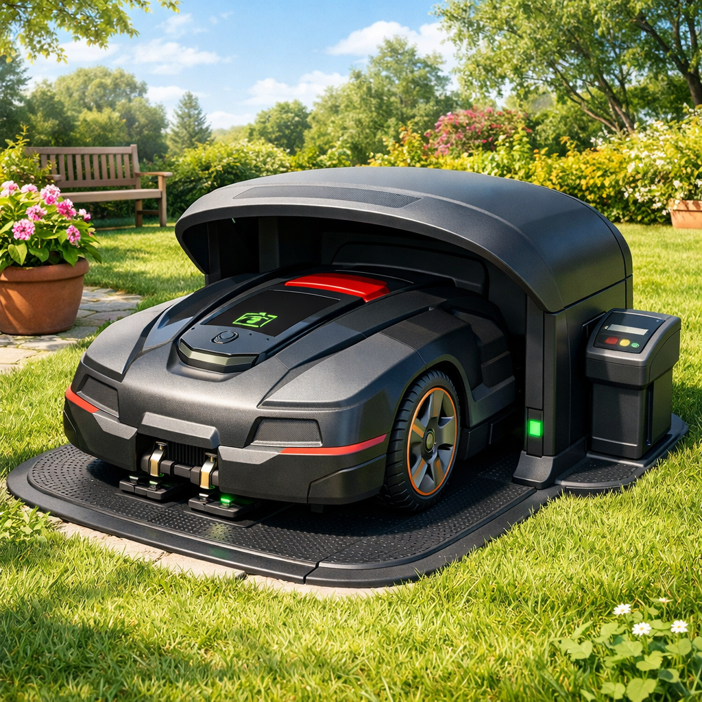 Mähroboter an Ladestation in einem gepflegten Garten beim Andocken