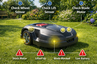 Mähroboter mit hervorgehobenen Sensoren und Diagnoseschritten im Garten