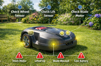 Mähroboter mit hervorgehobenen Sensoren und Diagnoseschritten im Garten