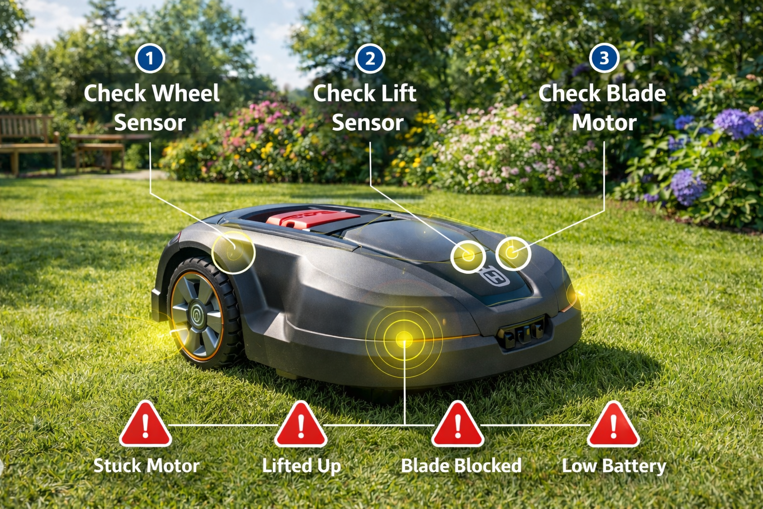 Mähroboter mit hervorgehobenen Sensoren und Diagnoseschritten im Garten