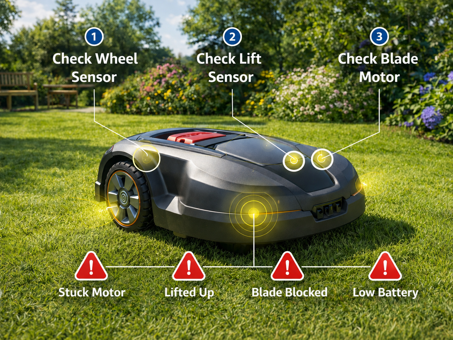 Mähroboter mit hervorgehobenen Sensoren und Diagnoseschritten im Garten