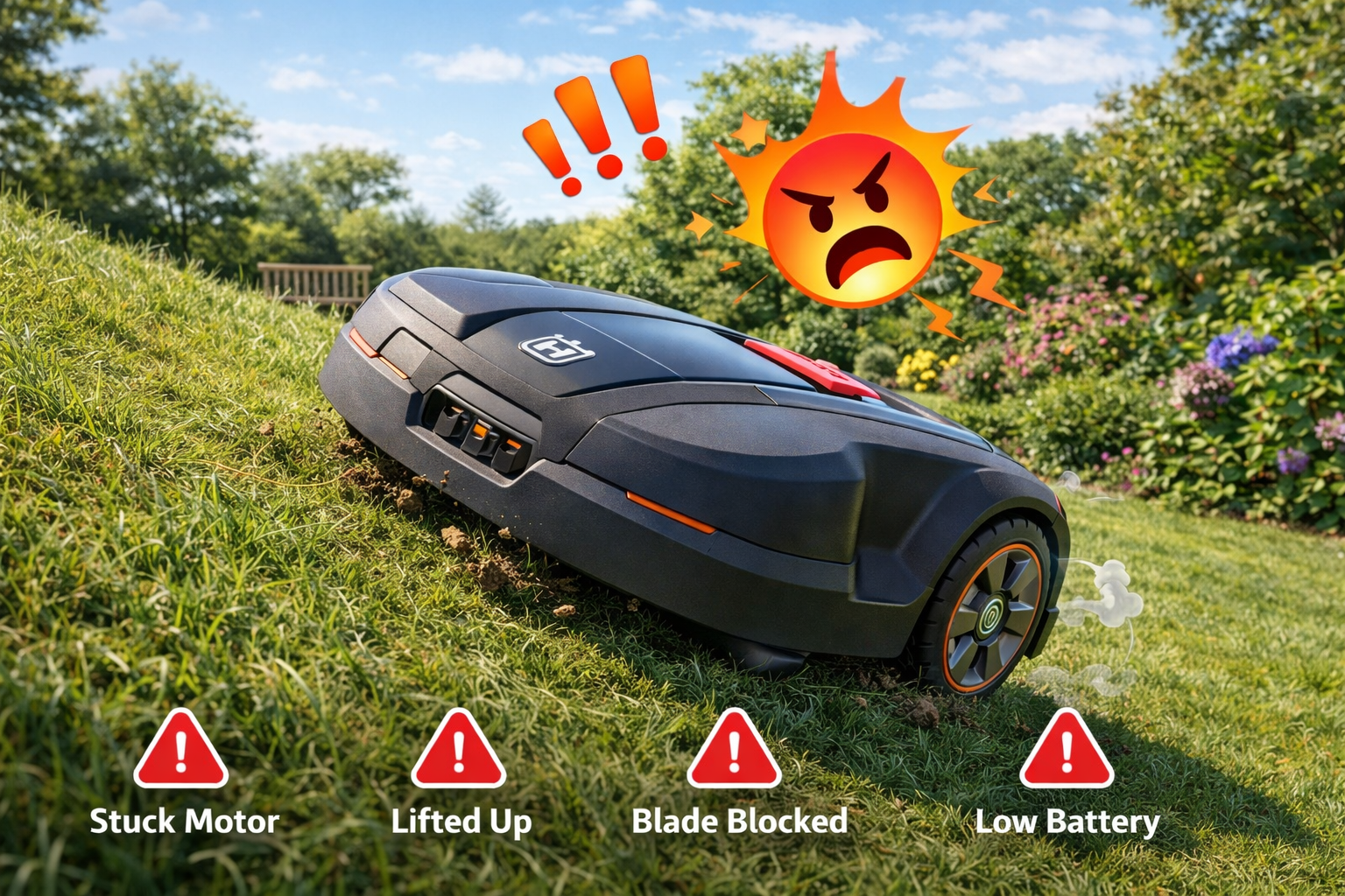 Mähroboter bleibt auf einer steilen Rasenfläche hängen