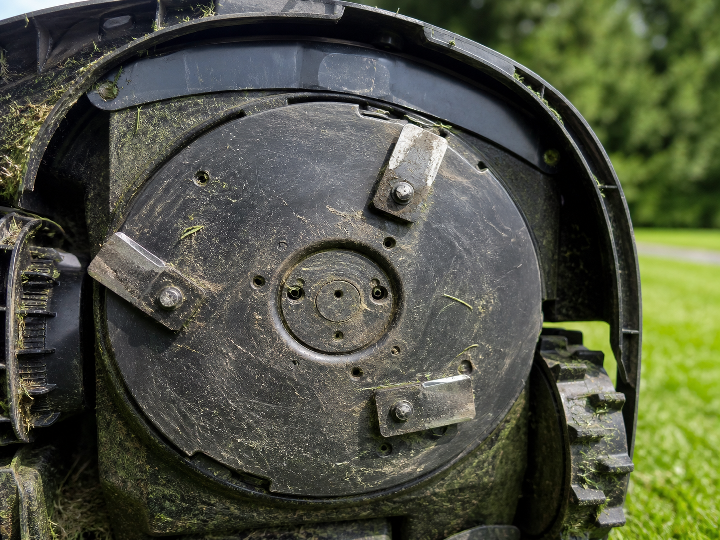 Beschädigte und stumpfe Mähroboter Messer mit Rasen im Hintergrund