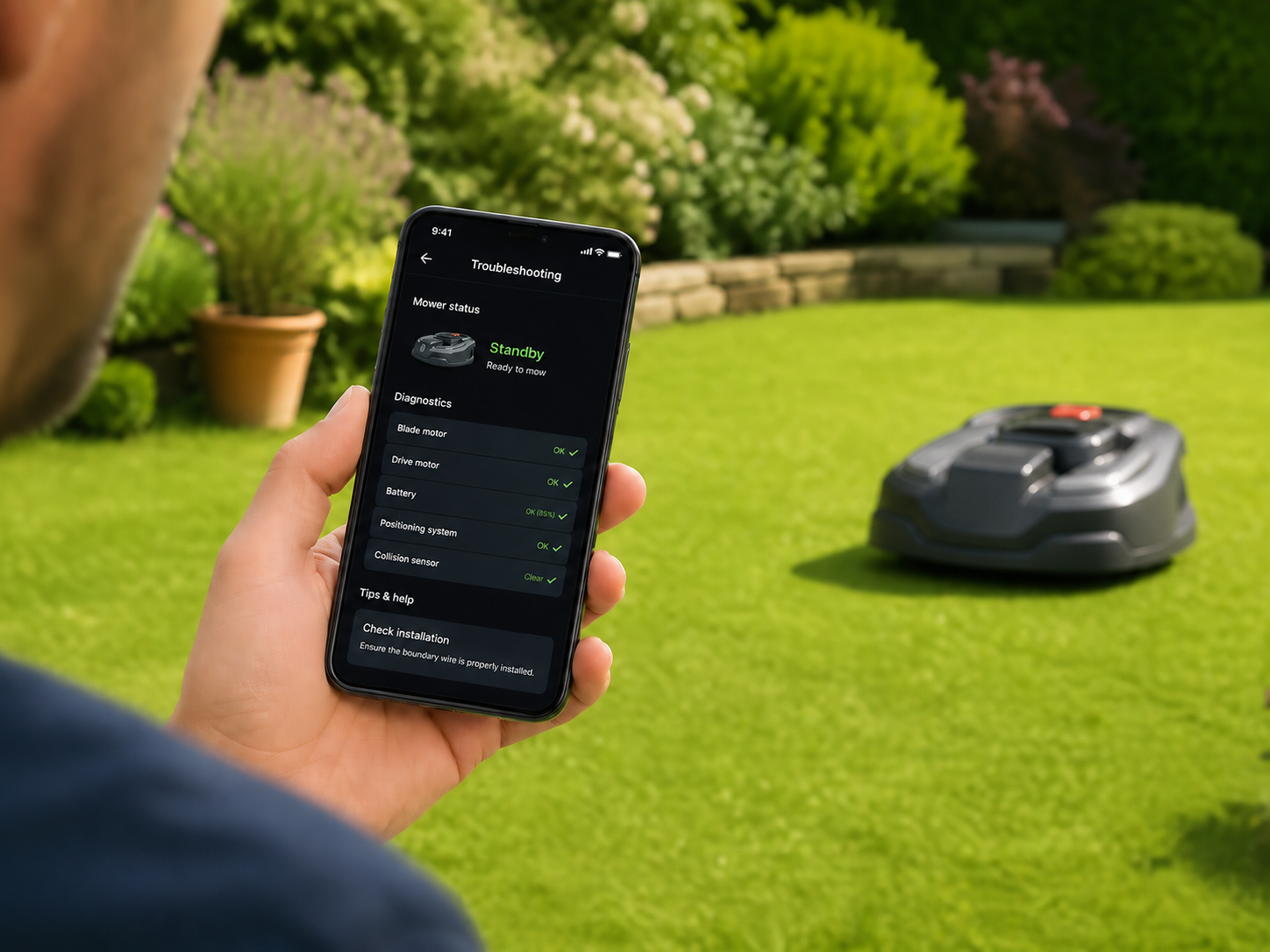 Mähroboter App-Steuerung auf Smartphone wird überprüft
