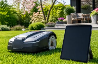 Mähroboter auf Rasen mit Tablet für Software-Update am Saisonstart