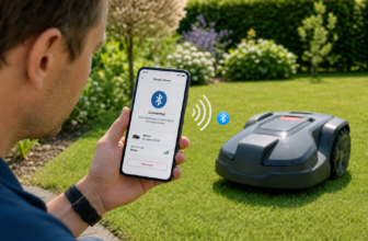 Mähroboter mit Smartphone bei Bluetooth-Kopplung im Garten