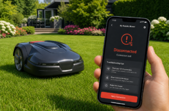 Mähroboter mit Smartphone bei Verbindungsproblemen in Garten