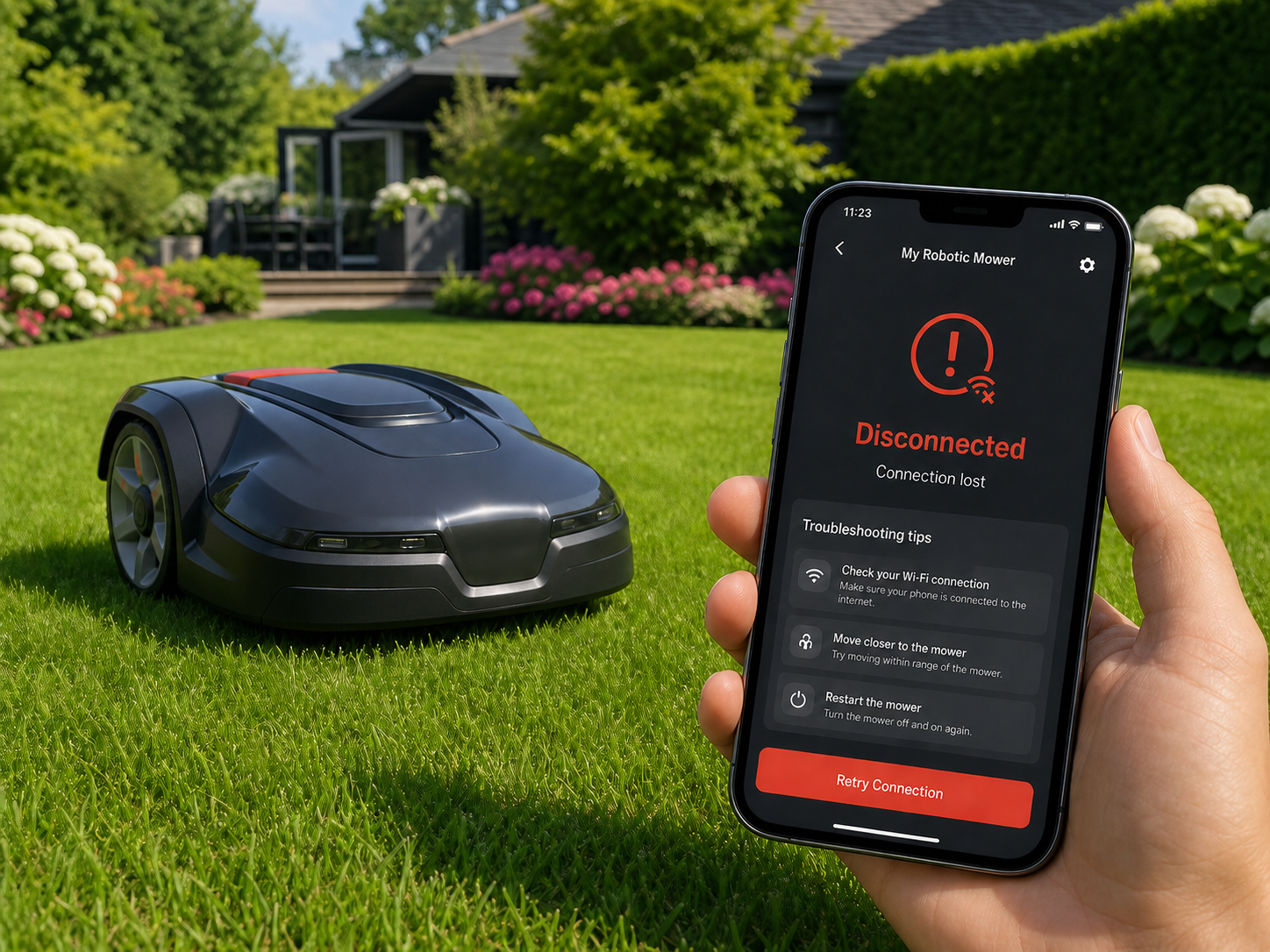 Mähroboter mit Smartphone bei Verbindungsproblemen in Garten