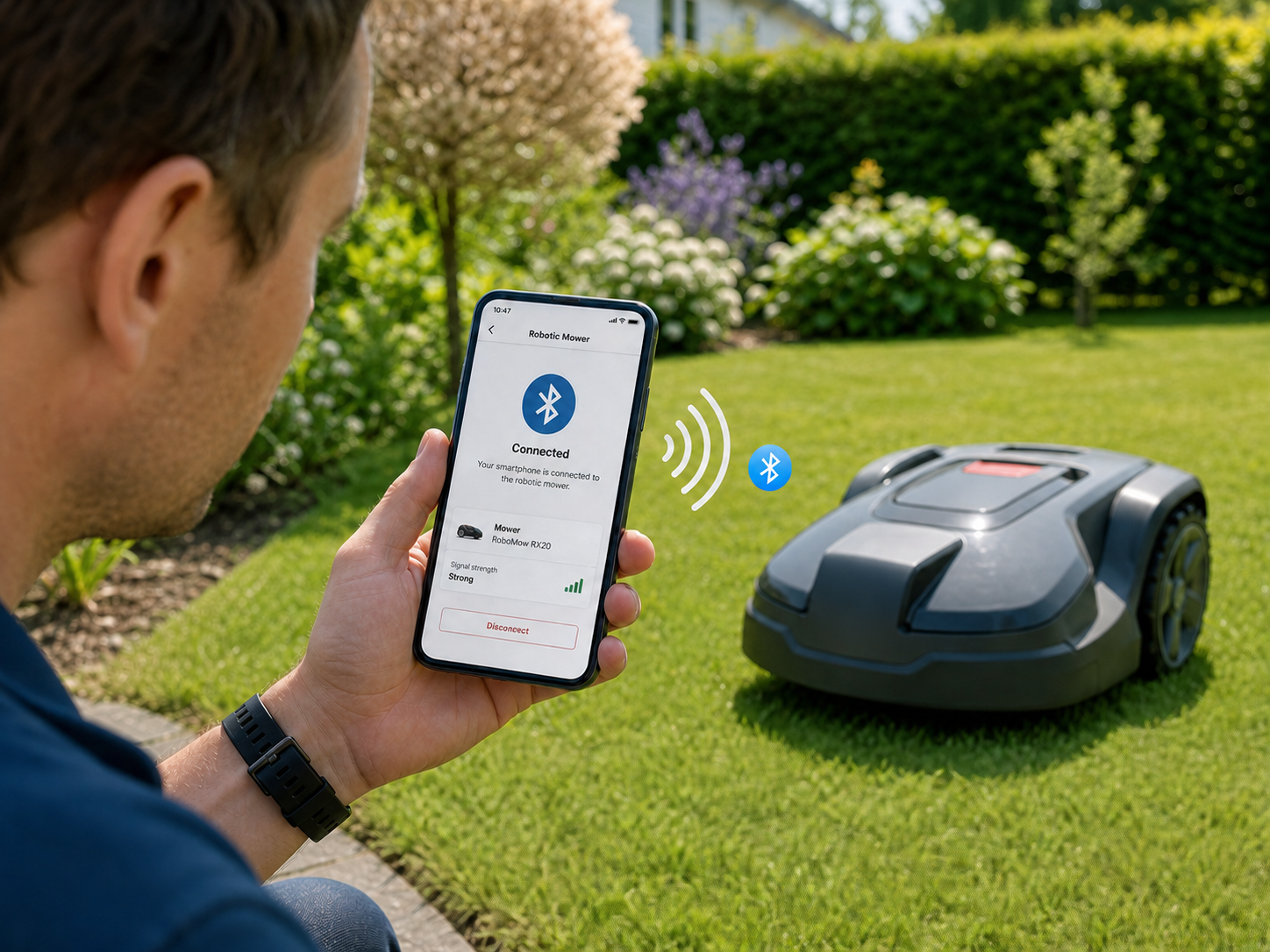 Mähroboter mit Smartphone bei Bluetooth-Kopplung im Garten