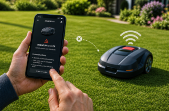 Person überprüft Verbindung zwischen Mähroboter und Smartphone-App