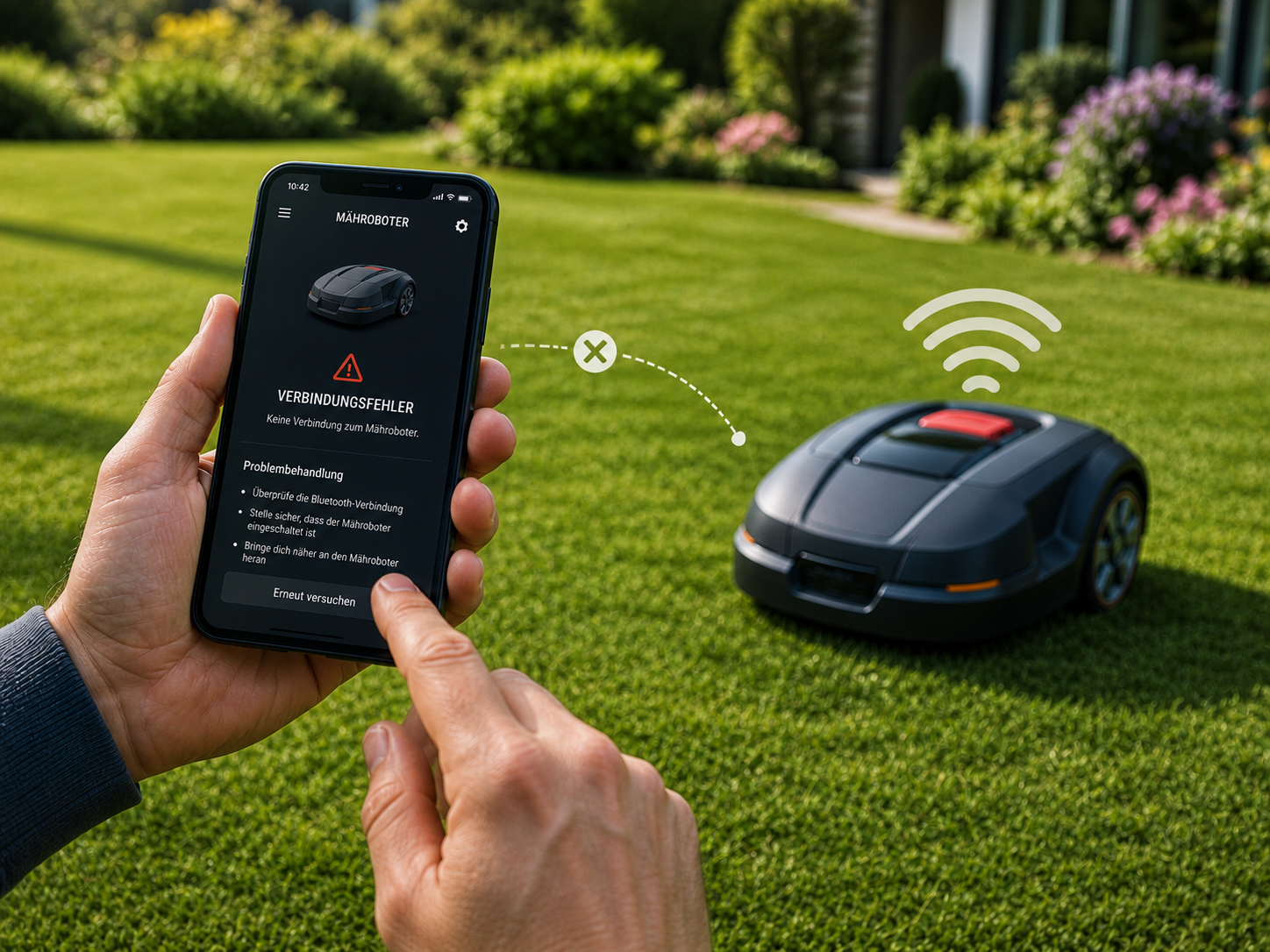 Person überprüft Verbindung zwischen Mähroboter und Smartphone-App