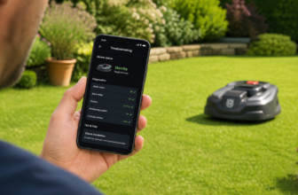 Mähroboter App-Steuerung auf Smartphone wird überprüft