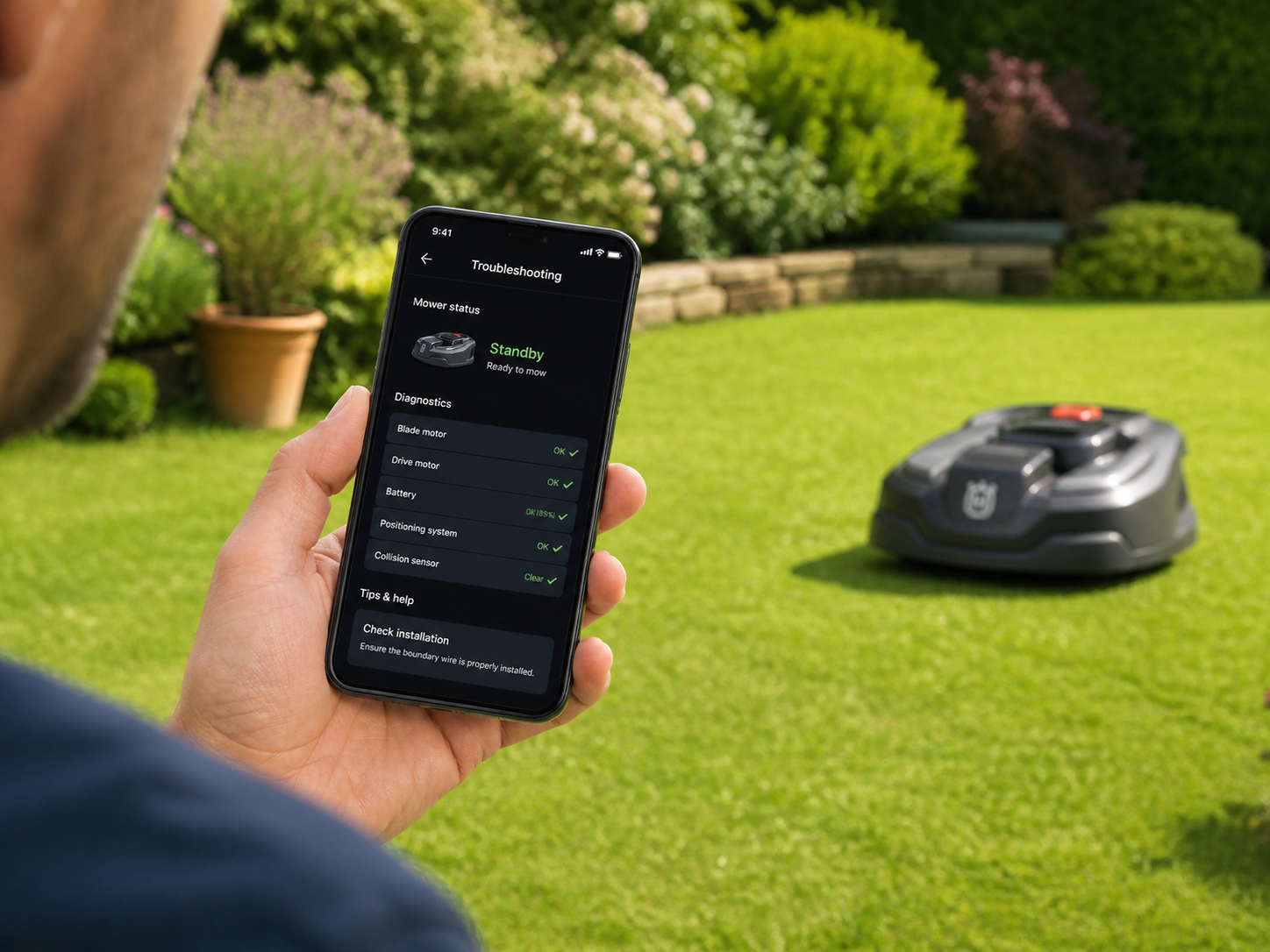 Mähroboter App-Steuerung auf Smartphone wird überprüft