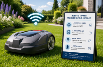Mähroboter mit WLAN-Symbol und Checkliste für Verbindungsprobleme
