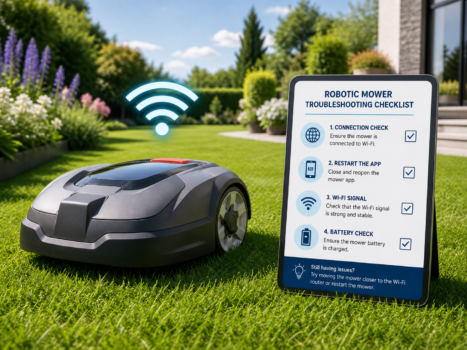 Mähroboter mit WLAN-Symbol und Checkliste für Verbindungsprobleme