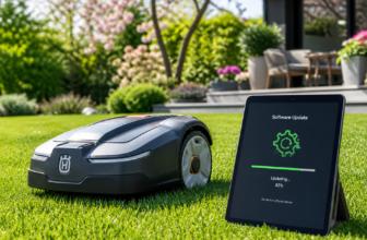 Mähroboter auf Rasen mit Tablet für Software-Update am Saisonstart