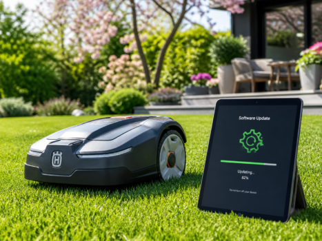 Mähroboter auf Rasen mit Tablet für Software-Update am Saisonstart