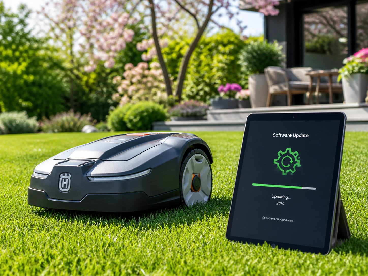 Mähroboter auf Rasen mit Tablet für Software-Update am Saisonstart