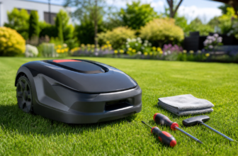 Mähroboter auf grünem Rasen bei Frühjahrswartung