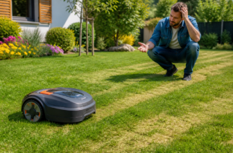 Mähroboter, der unregelmäßig auf dem Rasen fährt und unordentliche Schnittlinien hinterlässt