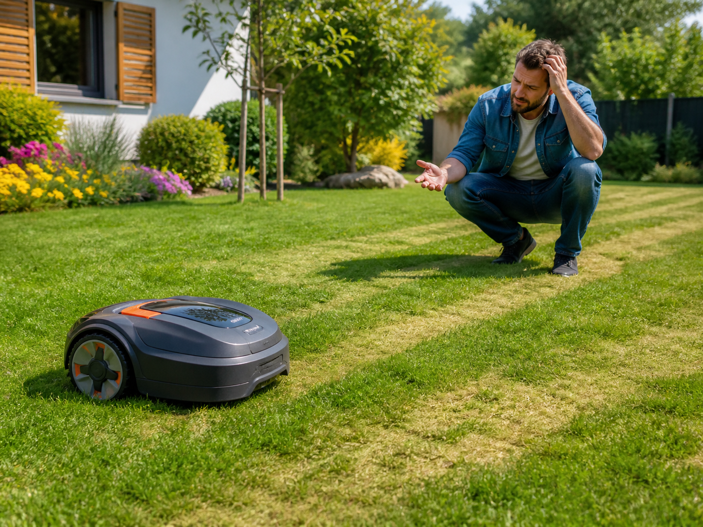 Mähroboter, der unregelmäßig auf dem Rasen fährt und unordentliche Schnittlinien hinterlässt
