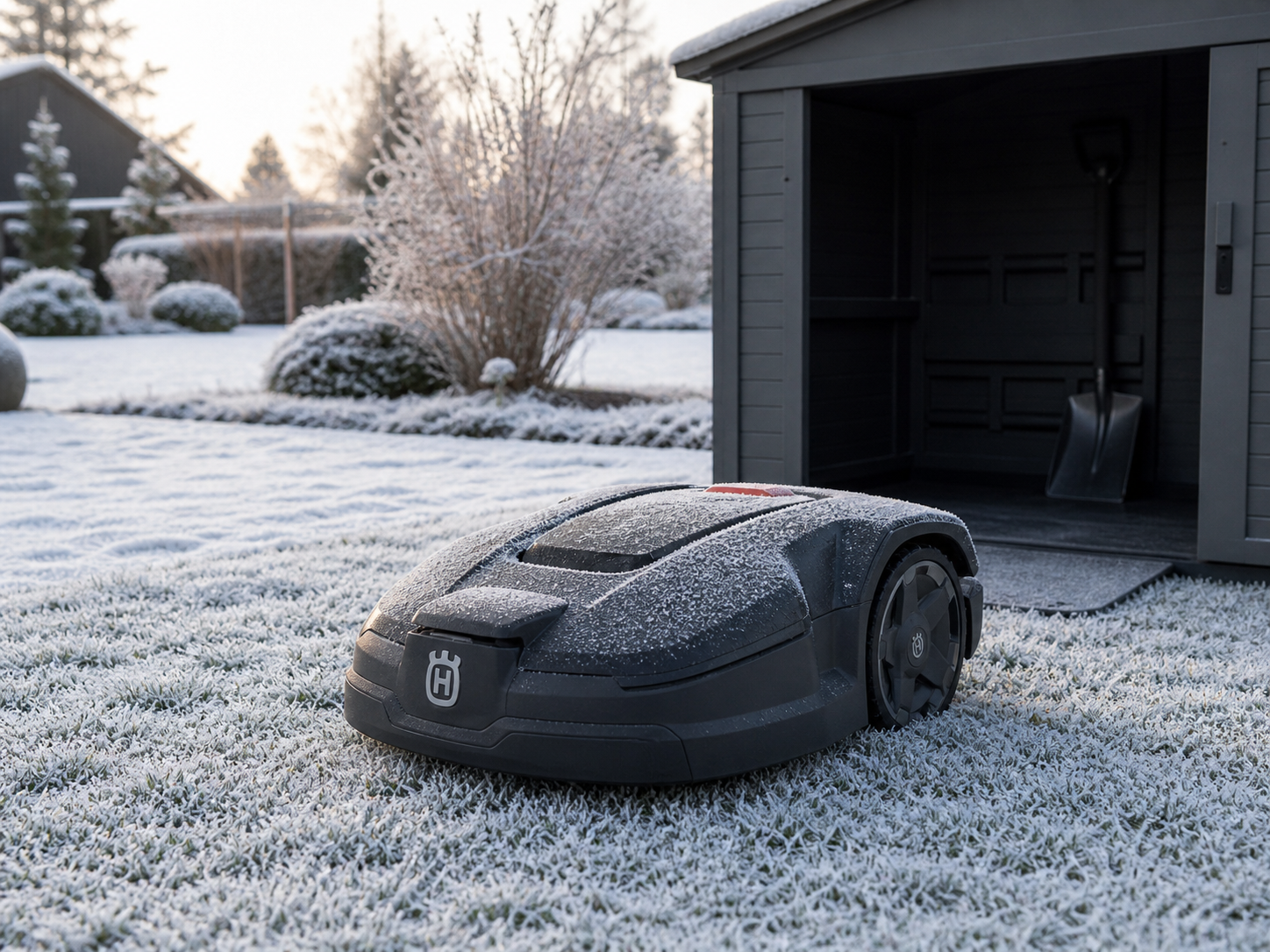 Mähroboter im Winter, geschützt vor Frostschäden