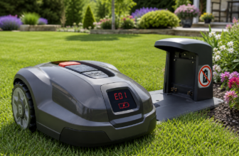 Mähroboter mit Fehlercode E01 am Display und Ladestation im Garten