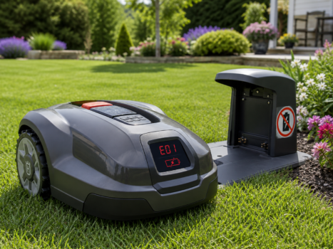 Mähroboter mit Fehlercode E01 am Display und Ladestation im Garten