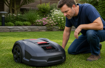 Mähroboter mit Fehlercode E20 auf Display im Garten