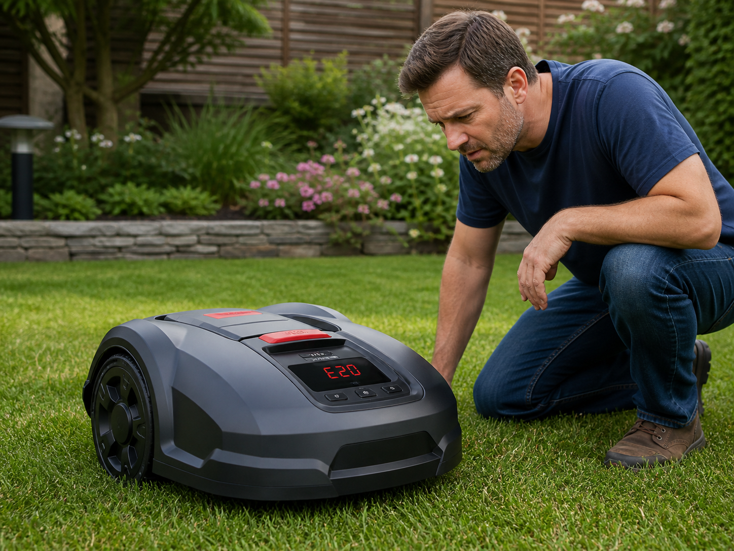 Mähroboter mit Fehlercode E20 auf Display im Garten