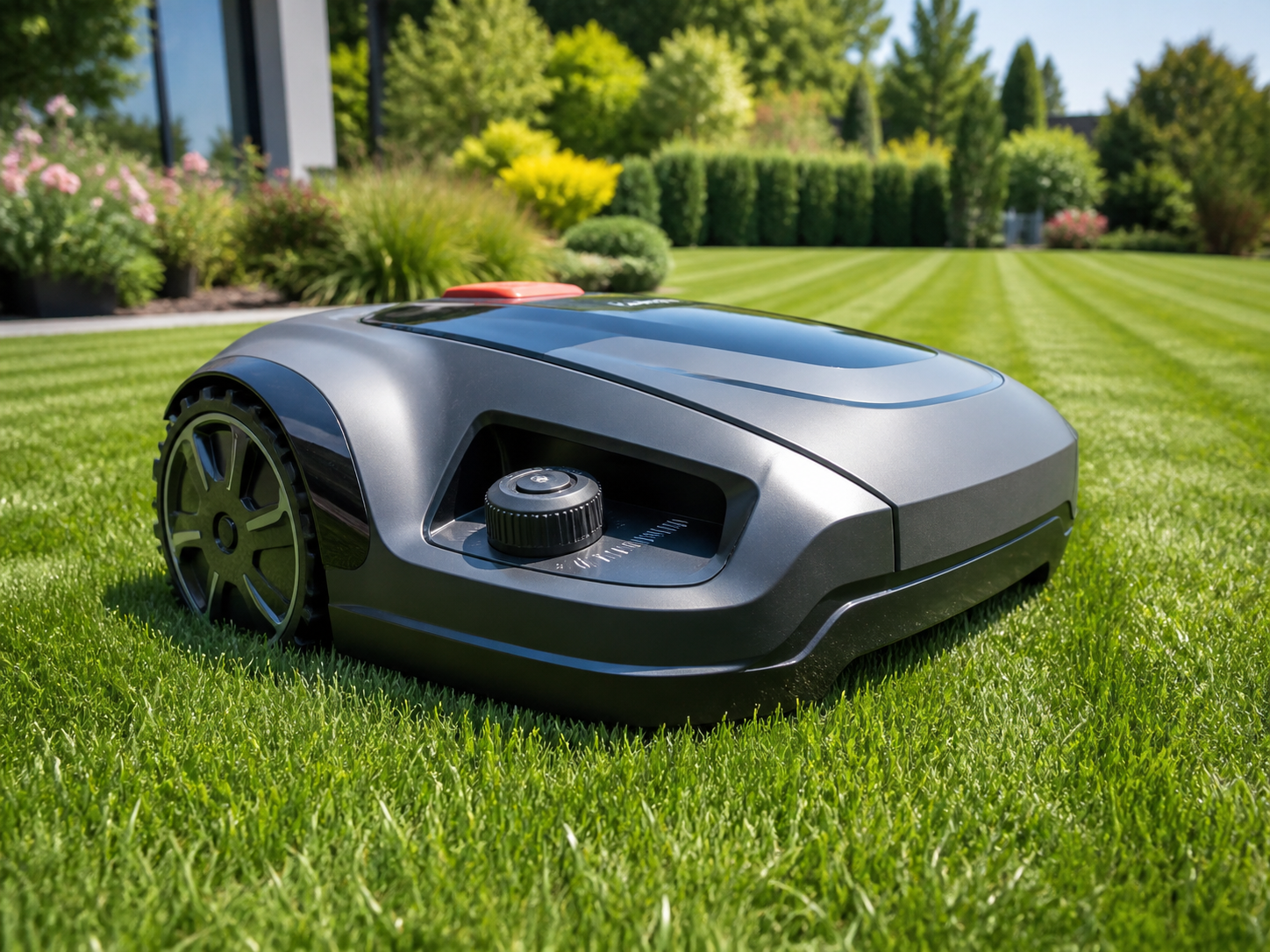 Mähroboter mit Fokus auf Schnitthöheinstellungen auf einem grünen Rasen