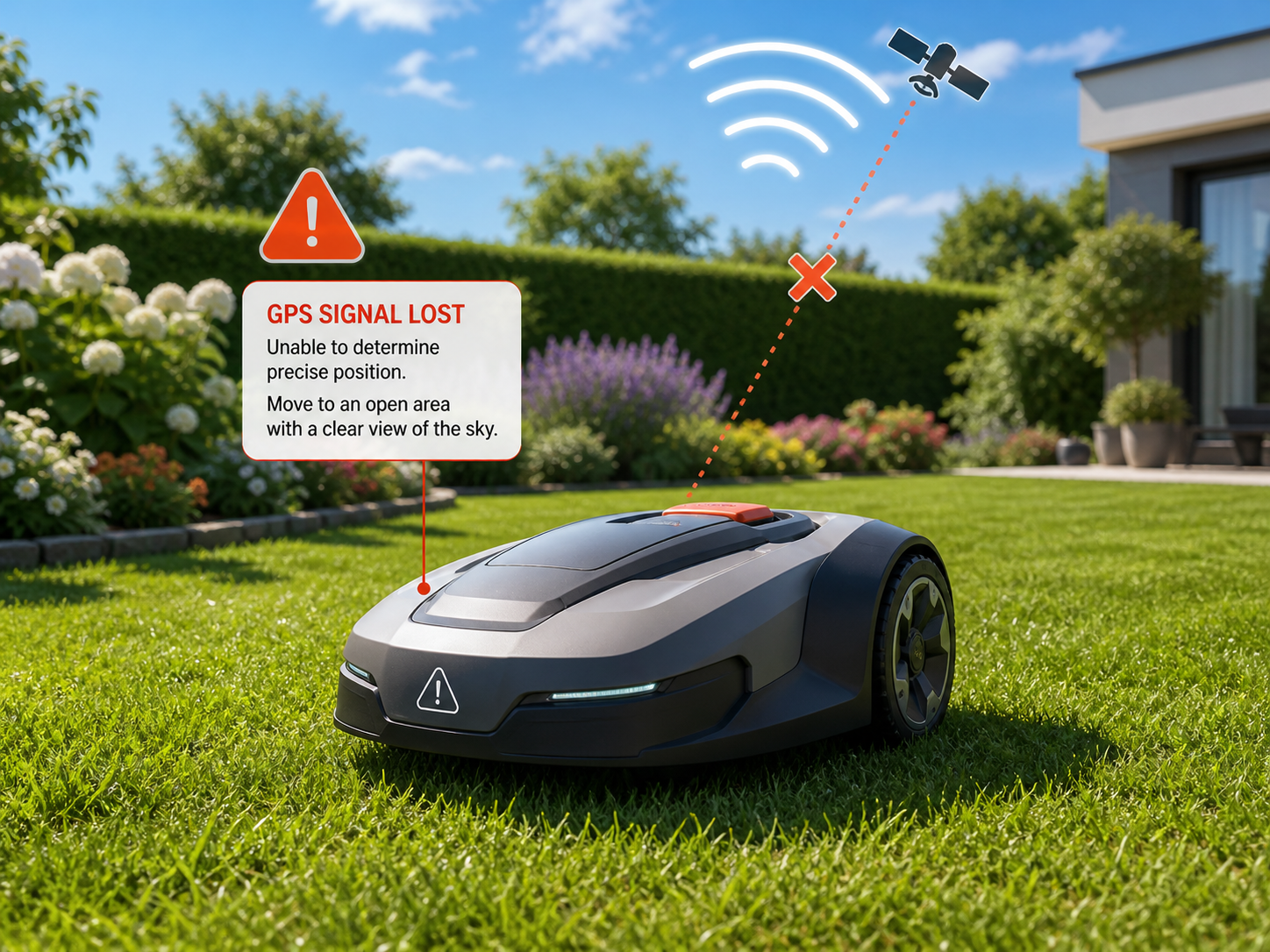 Mähroboter mit GPS-Fehlercode E12 im Garten
