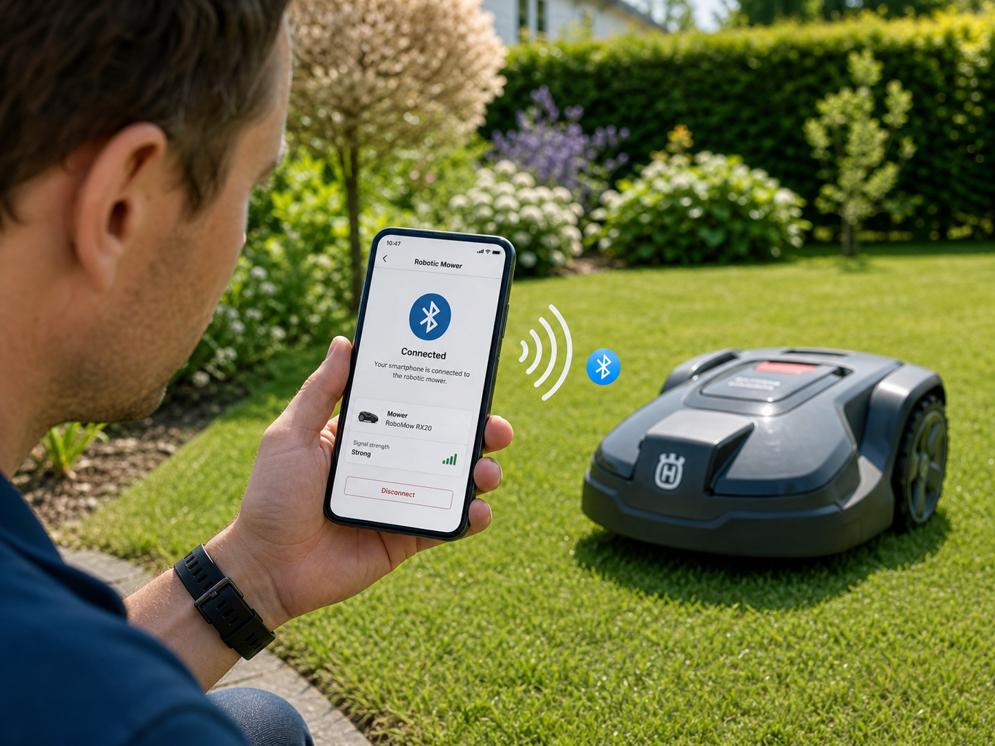 Mähroboter mit Smartphone bei Bluetooth-Kopplung im Garten