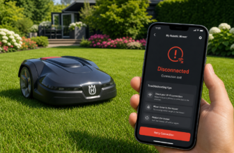 Mähroboter mit Smartphone bei Verbindungsproblemen in Garten