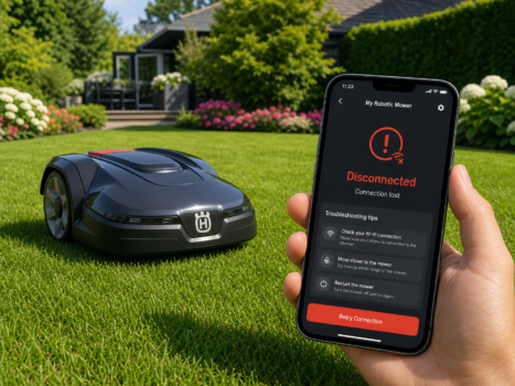 Mähroboter mit Smartphone bei Verbindungsproblemen in Garten