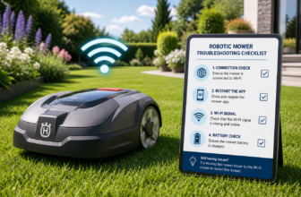 Mähroboter mit WLAN-Symbol und Checkliste für Verbindungsprobleme