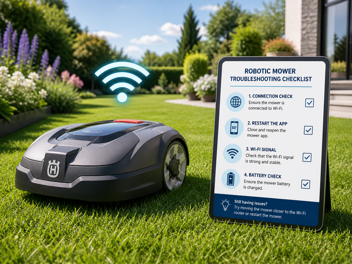Mähroboter mit WLAN-Symbol und Checkliste für Verbindungsprobleme