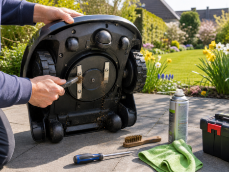 Mähroboter nach Winterpause wird sauber gemacht und von Rost befreit