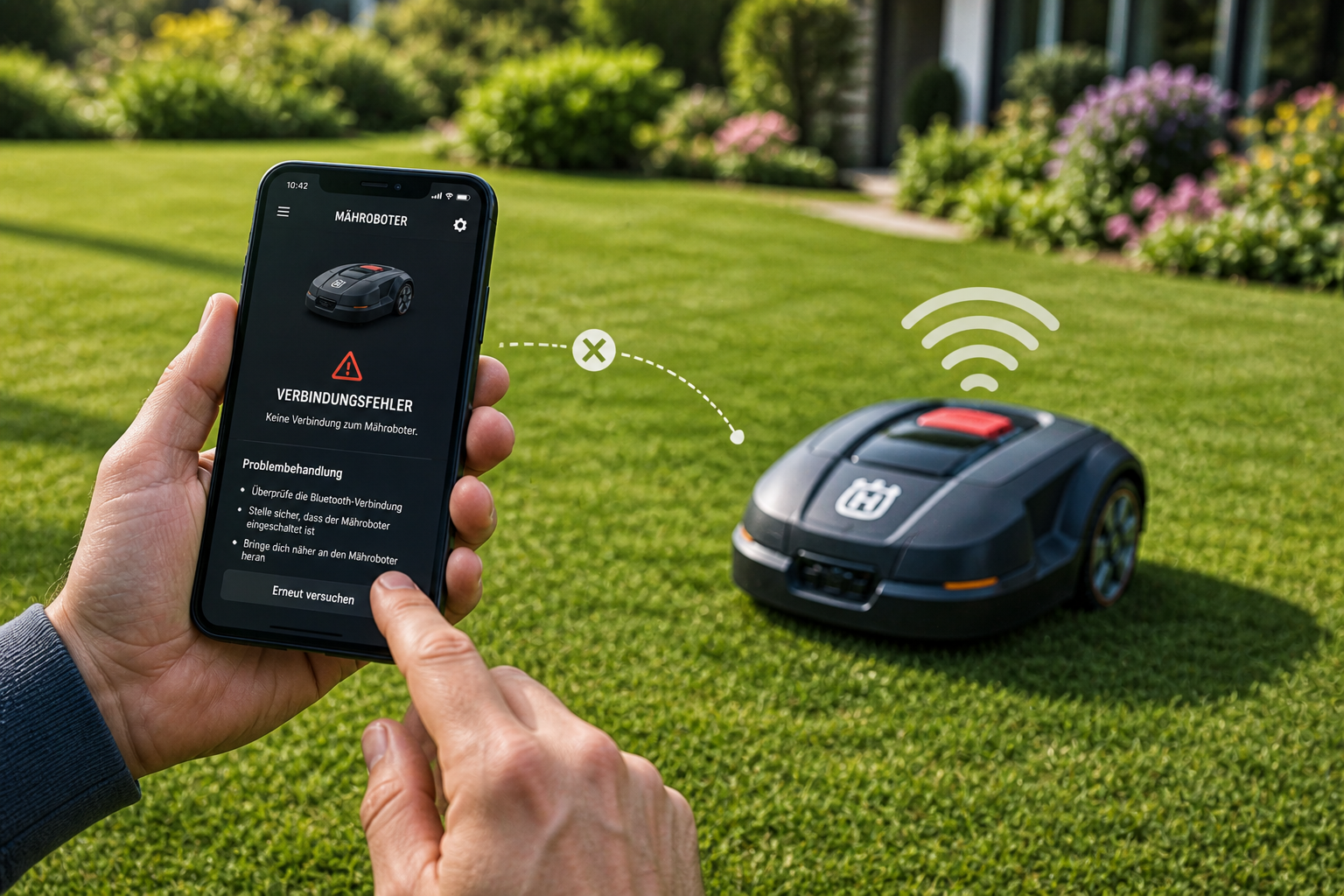 Person überprüft Verbindung zwischen Mähroboter und Smartphone-App