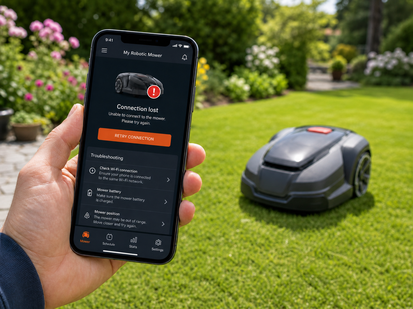 Smartphone mit Mähroboter-App-Verbindungsproblem im Garten