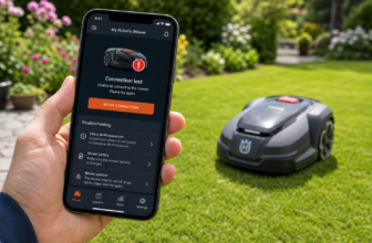 Smartphone mit Mähroboter-App-Verbindungsproblem im Garten